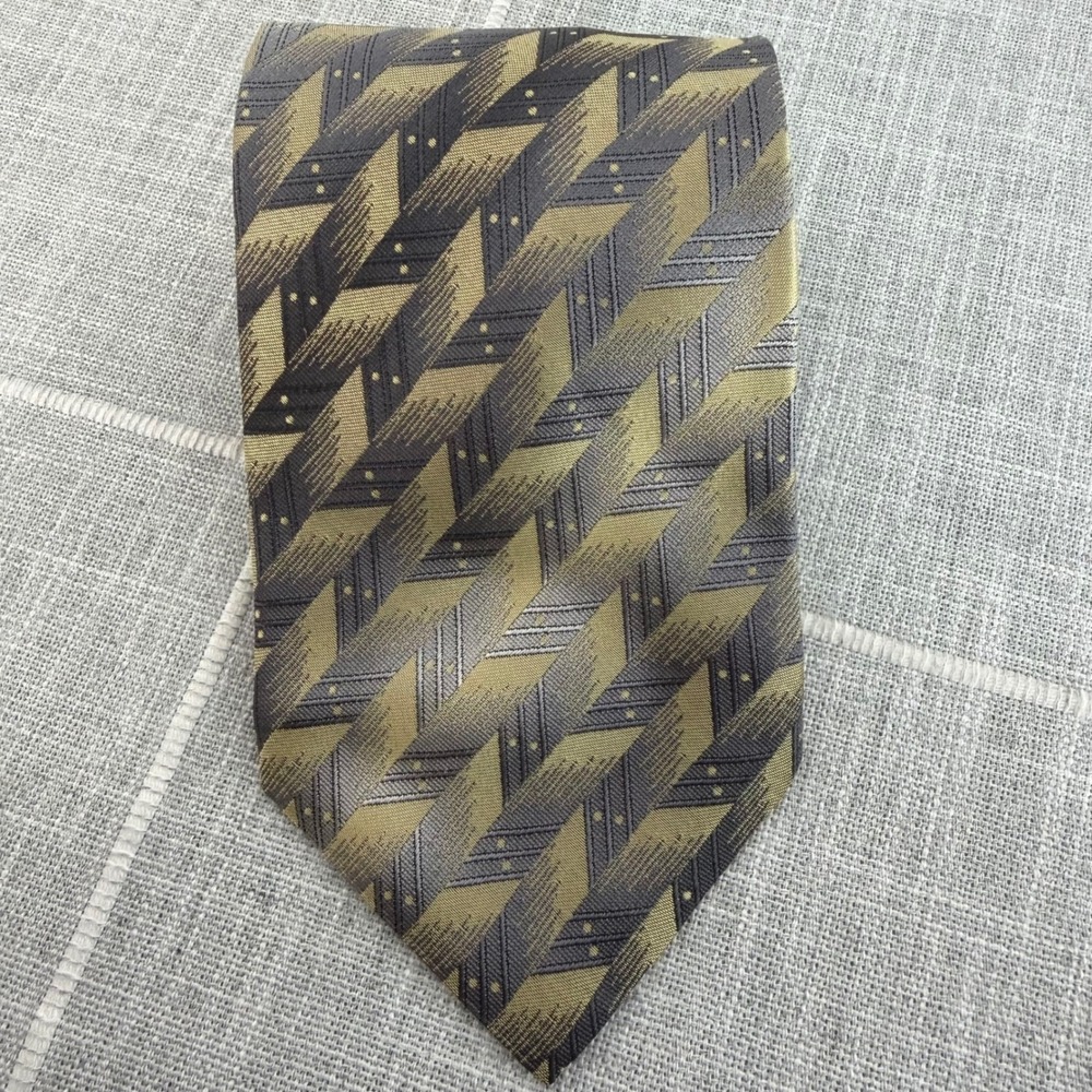 Roberto Villini Couture 100% Silk Tie Gold Gray/Silver‎ Geometric Print